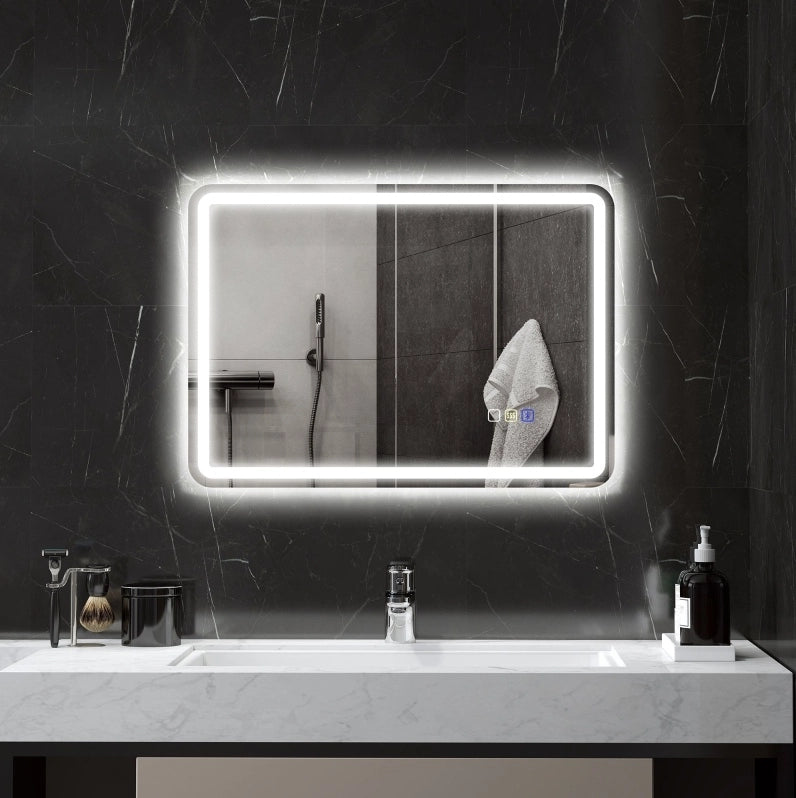 Specchio bagno LED ULEVR con Bluetooth, orologio, antiappannamento e luce regolabile, argento