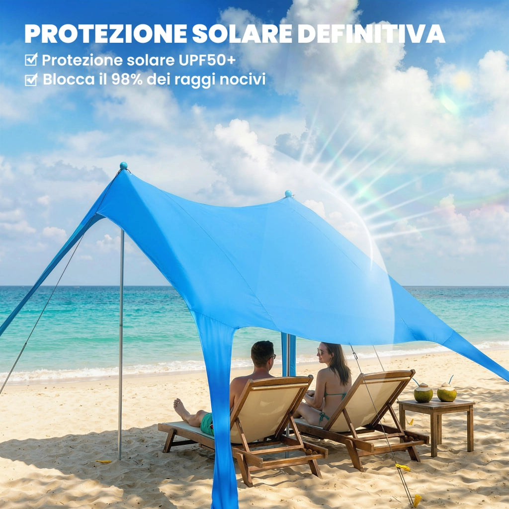 Tenda Spiaggia 2-4 Persone Tappetino Pala Protezione Solare UPF50+ Azzurro