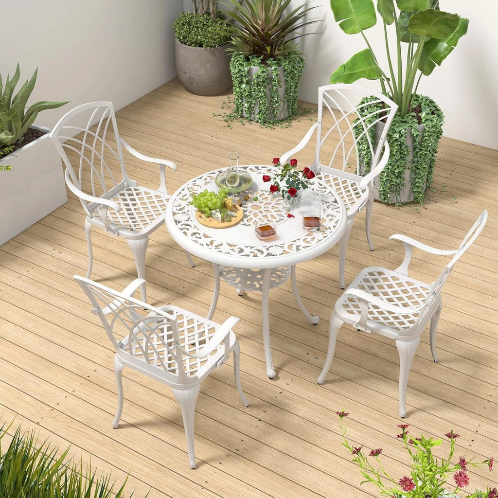 Soggiorno da giardino esterno, tavolo da giardino con sedia in ghisa di alluminio, tavolo da bistrot 5 pezzi per 4 persone, foro dell'ombrellone Dia.5 cm, tavolo rotondo per terrazza, balcone