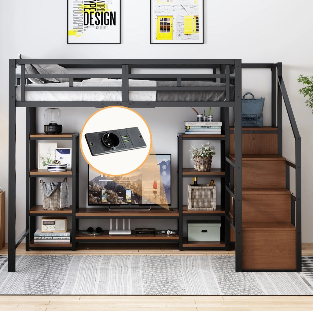 Letto a soppalco 140x200 con supporto TV, presa integrata e scala contenitiva