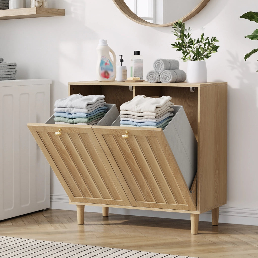 Mobile portasciugamani con 2 cesti rimovibili, finitura effetto rovere, struttura in MDF, per bagno e lavanderia
