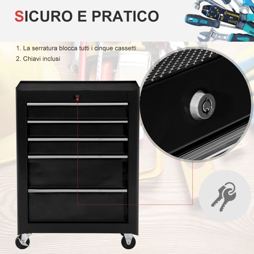 Carrello Porta Attrezzi 5 Cassetti con Chiave e Ruote Nero