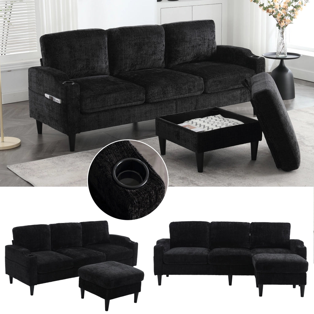 Divano Dritto 4 Posti con Pouf Contenitore; Portabicchieri e Tasche Laterali; Struttura Metallo Legno in Chenille Nera