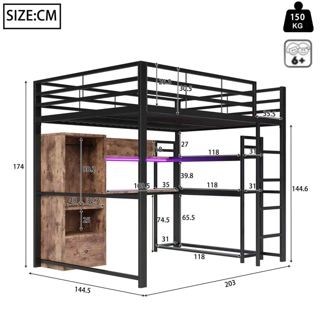 Letto a soppalco 140x200 cm con LED; scrivania; cassetto e mensole in MDF e metallo