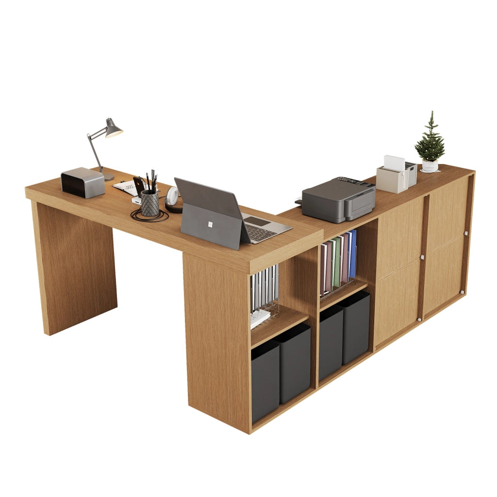 Scrivania angolare girevole a 360° con 4 vani aperti e 4 cassetti, in MDF, per ufficio e home office