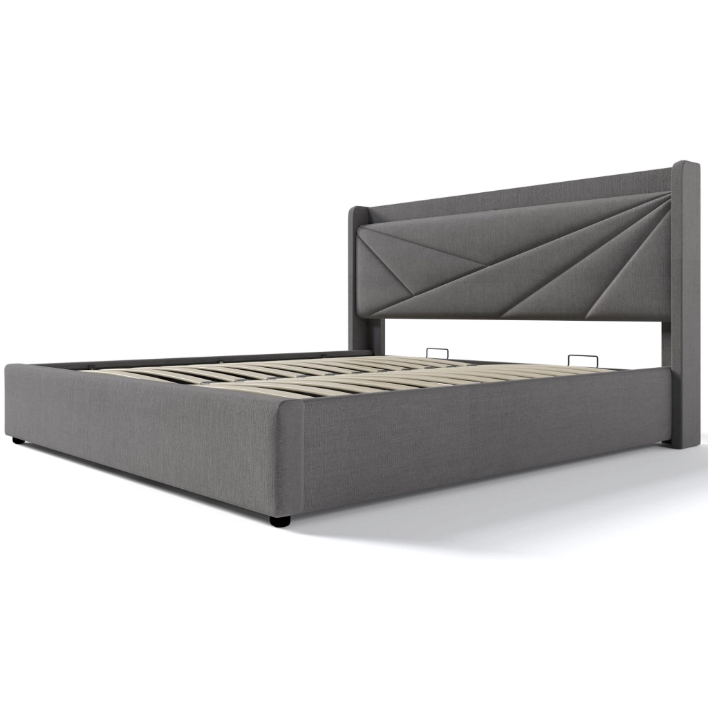 Letti contenitori 140x200 cm testiera con USB e Type-C cotone lino grigio (Senza materasso)