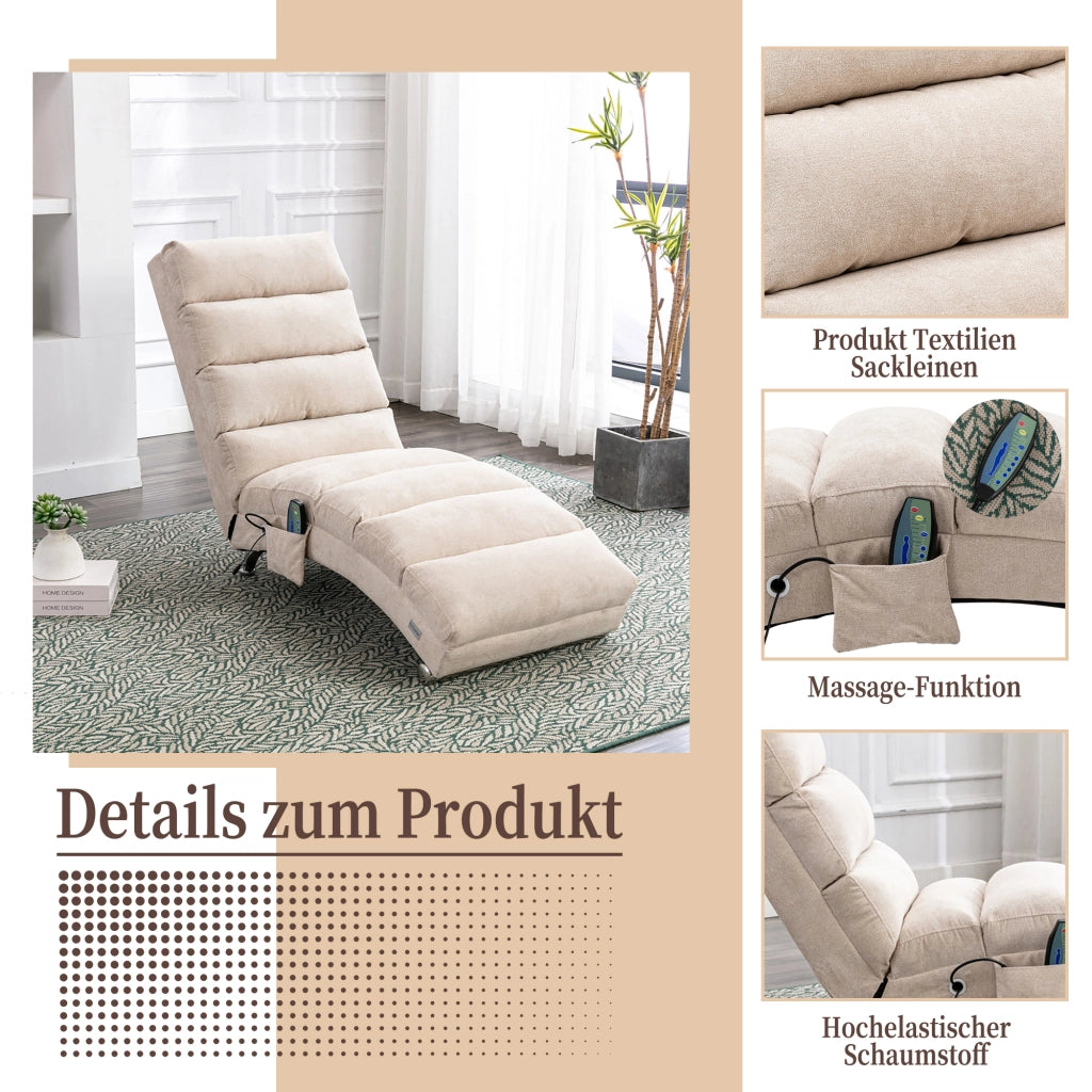 Chaise Longue Massaggiante Fissa 1 Posto con Vibrazione Delicata e Tasca Laterale; Schienale 140°; Lino Beige