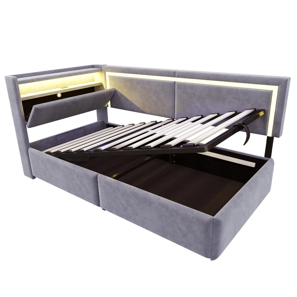 Divano letto 90x200 cm con contenitore; LED e USB in velluto grigio chiaro
