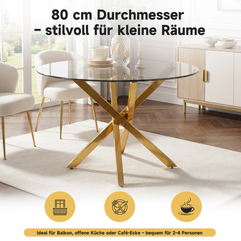 Tavolo rotondo da pranzo 80 cm in vetro temperato con gambe dorate; design moderno