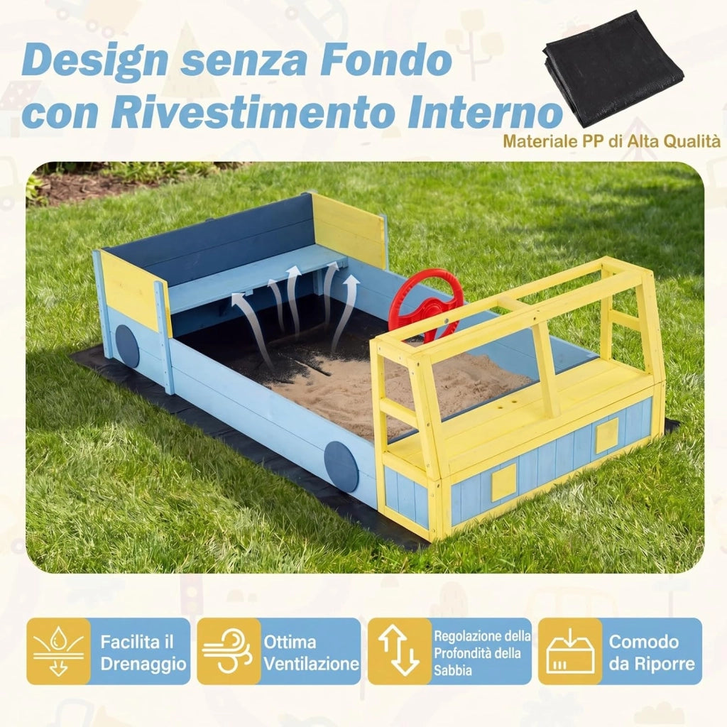 Sabbiera per Bambini in Legno, Gioco da Spiaggia a Forma di Autopompa con Panca, Volante Orientabile e Rivestimento, Sabbiera da Esterno per Giardino Cortile, 18+ Mesi