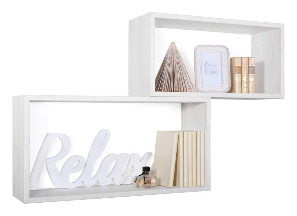 Set 2 Mensole Cubo da Parete Rettangolare in Fibra di Legno Bislungo Rovere Sbiancato