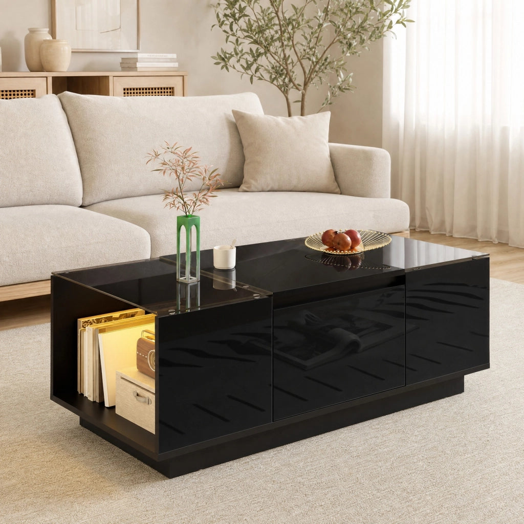 Tavolino da caff猫 con LED Bluetooth; 2 cassetti e vetro temperato; 105x50x35 cm nero