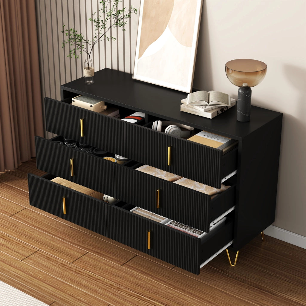 Credenza con 6 Cassetti e Gambe in Metallo; Frontale Ondulato; Stile Moderno; in Pannello Truciolare; 120??40??77 cm; Nero Oro