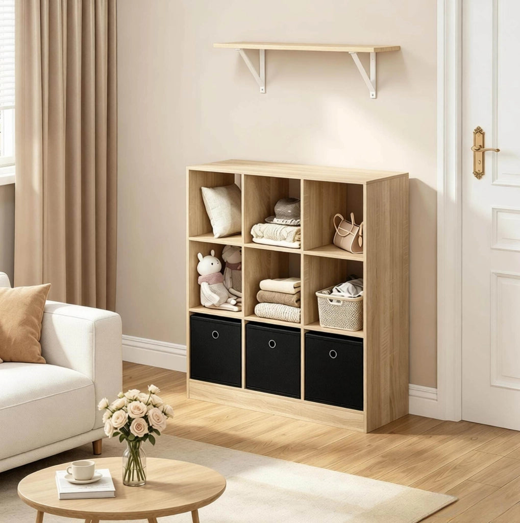Libreria a cubi con 3 cassetti in tessuto rovere chiaro e nero