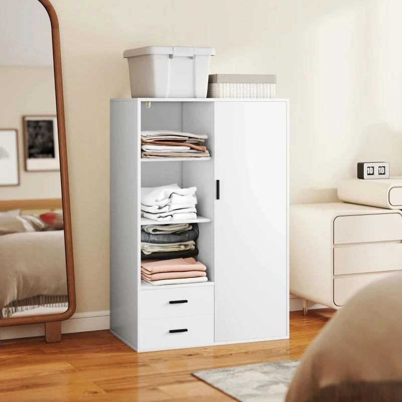ARMADIO MODERNO CON 2 CASSETTI, RIPIANI APERTI E VANO APPENDIABITI, 80X50X124 CM, BIANCO