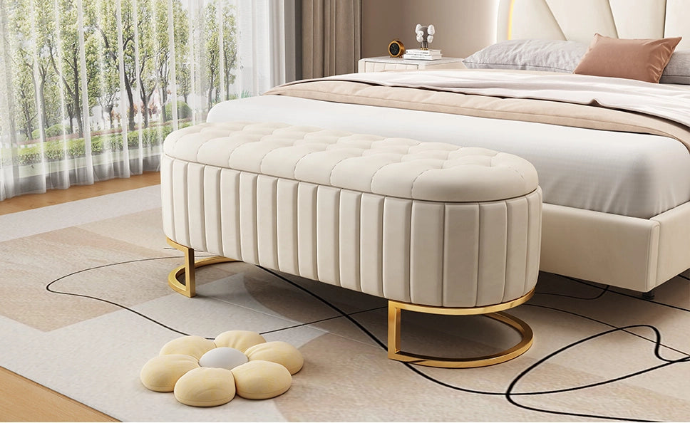 Panca contenitore 120x39;9x43 cm in velluto beige con gambe in metallo