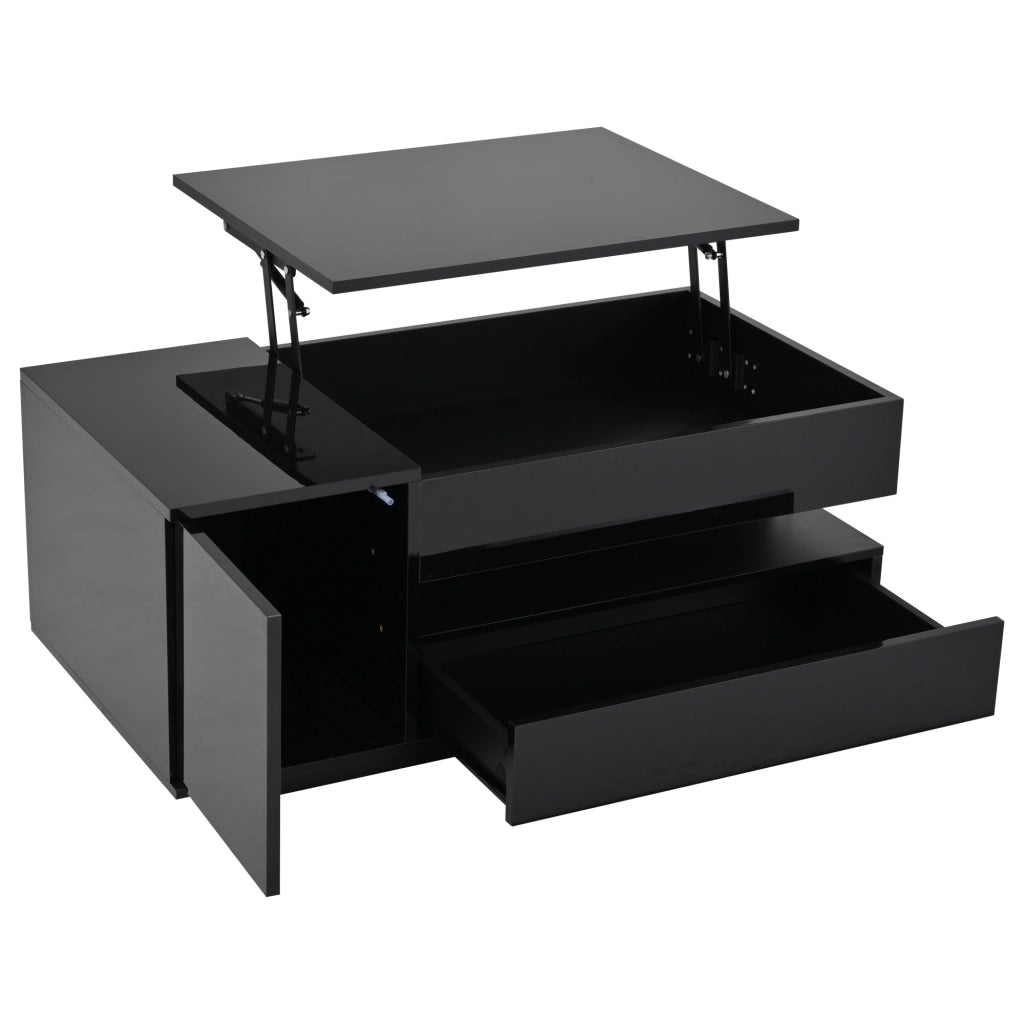 OKWISH Tavolino da Salotto Alzabile Moderno con 1 Cassetto, 1 Anta e Vano Aperto, LED, per Soggiorno, Nero, 95×50×40 cm