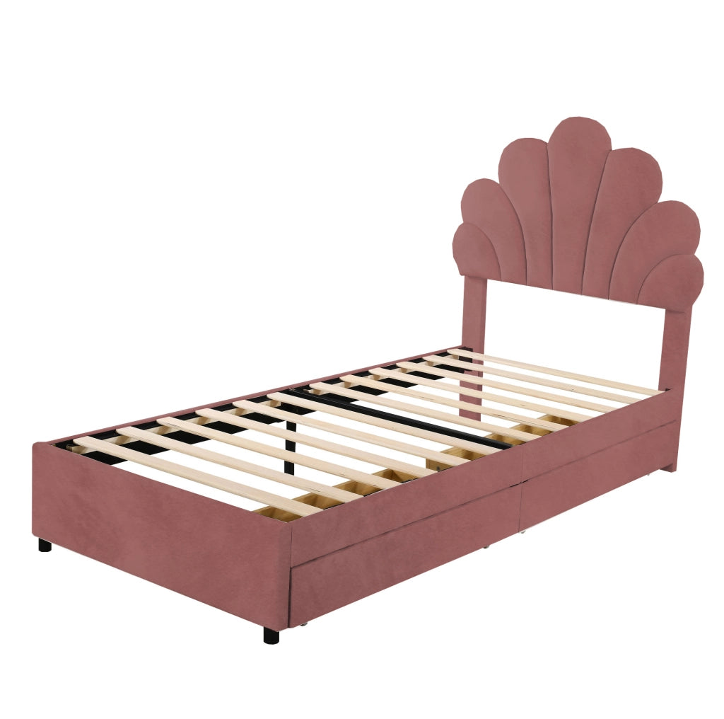 Letto imbottito per bambini 90x200 cm con 2 cassetti e rete a doghe; velluto rosa