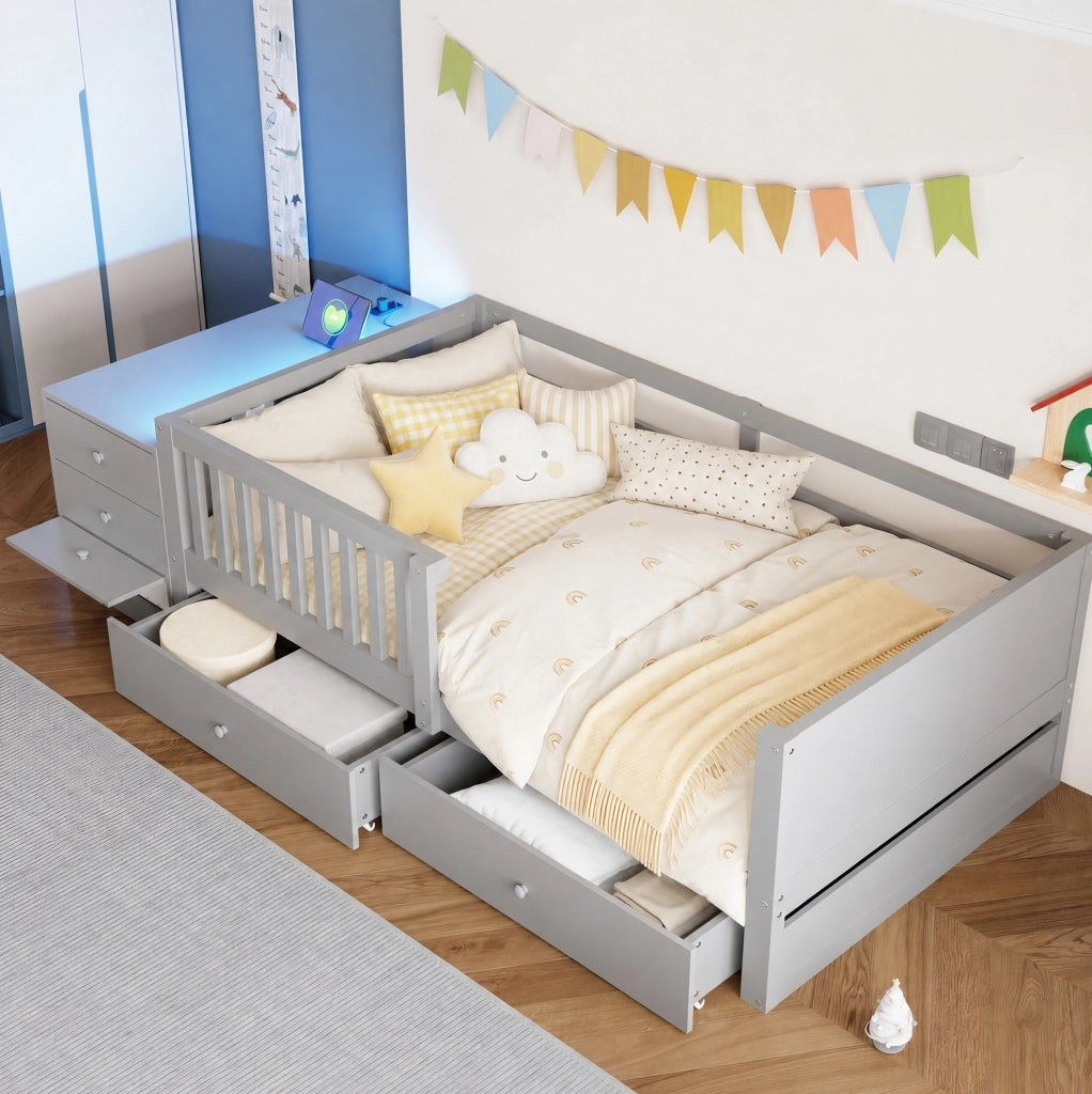 Letto a soppalco per bambini 90 x 200 cm con contenitore separato; LED e presa; grigio