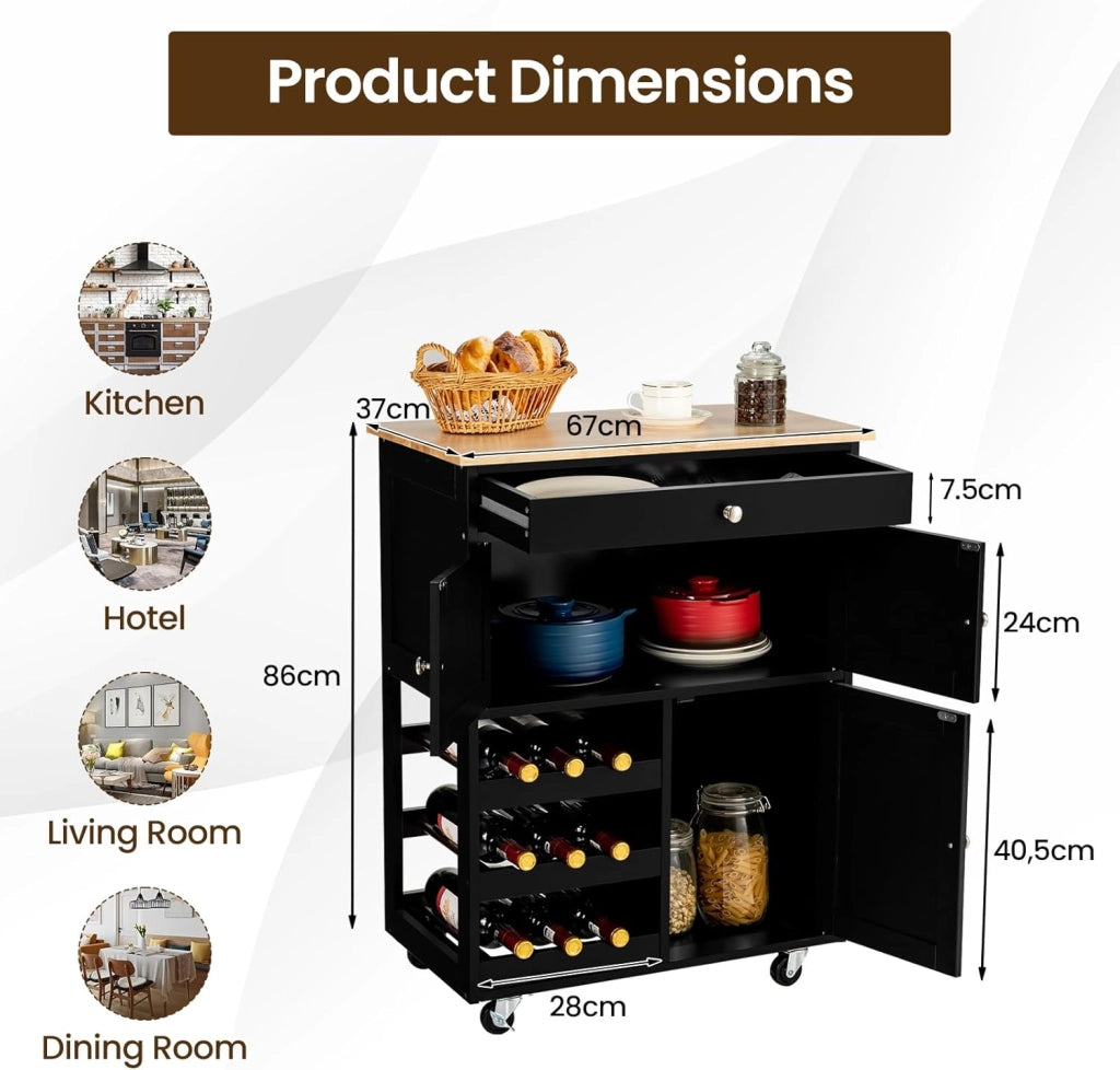 Carrello da Cucina Interno e Esterno, 1 Cassetto + 3 Ante + 3 Porta Vino, Credenza Mobile con 2 Ruote Bloccabili, Salvaspazio, Portata di 30 kg, 67x37x86 cm, 2 Colori (Nero)