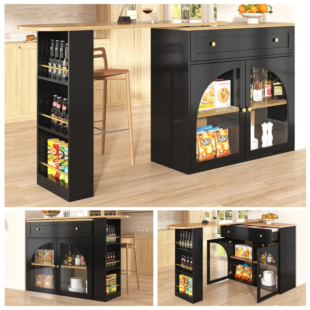 OKWISH Tavolo Alto Allungabile con Contenitore, 3 Ripiani Laterali e Rotazione a 360°, MDF, Nero, 138-204 x 39 x 104 cm