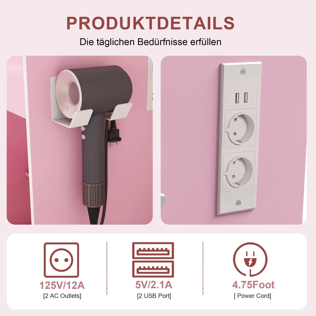 Toeletta rosa con specchio LED, presa, cassetti e sgabello