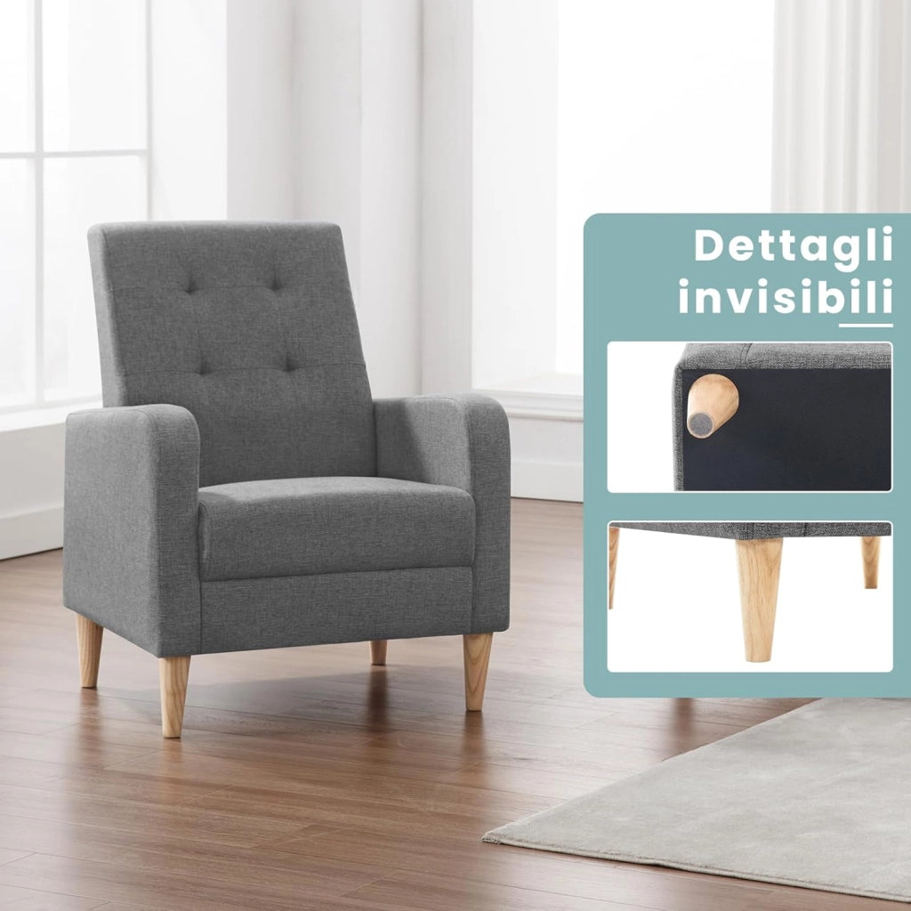 Poltrona da Salotto, Poltrona Relax con Schienale Alto, Sedia di Relax con Pieno Legno Massello Piedi, Seduta Imbottita, Rivestimento in Lino, per Salotto, Ufficio, Grigio Scuro, SKS41dgr