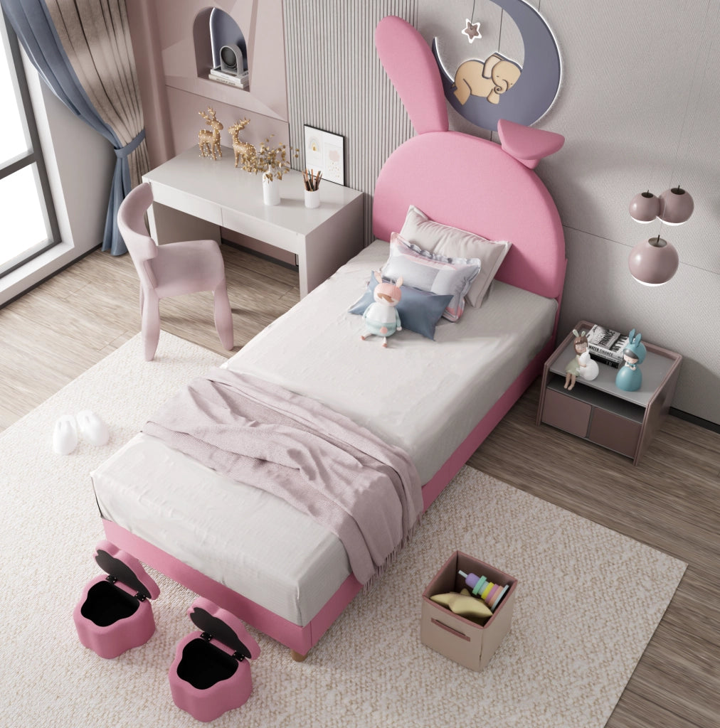 Letto imbottito 90x200 cm; con 2 panche contenitore e LED; velluto; rosa (Senza materasso)