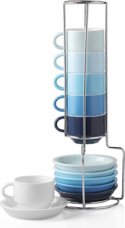 Set di tazze e ciotole in porcellana - set da 6 - 70 ml - supporto metallico - per latte, caffè, tè, moka - set di tazze per caffè da 6 pezzi