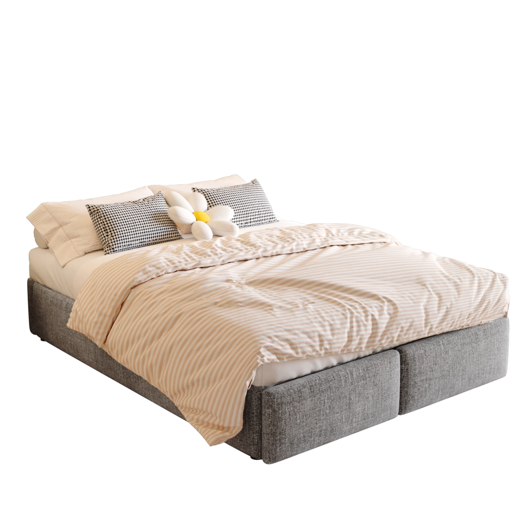 Letto imbottito 140x200 cm; con contenitore idraulico e 2 cassetti; tessuto cotone e lino; grigio