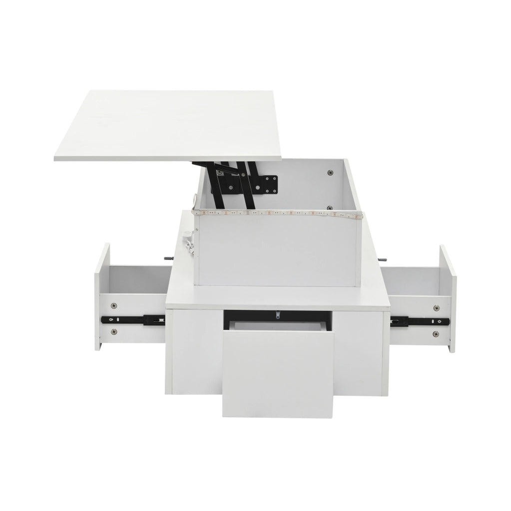 Tavolino da salotto elevabile 100x50x40 cm in MDF bianco lucido con LED e 4 cassetti