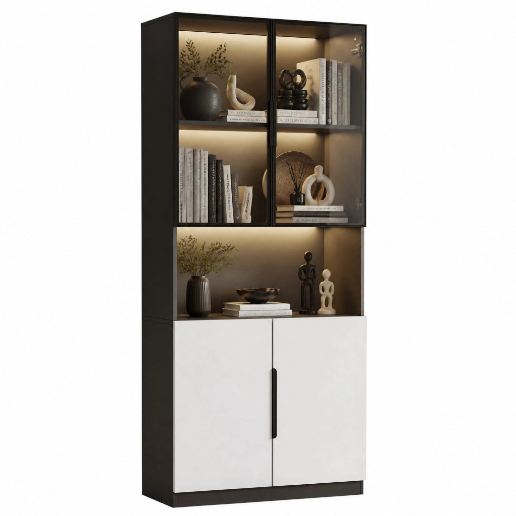 Vetrina moderna con ante in vetro e LED; 80 x 30 x 200 cm; bianca con dettagli neri