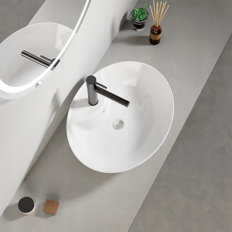 LAVABO DA APPOGGIO OVALE IN CERAMICA BIANCA LOFT  LUCIDA CON FORO DI TROPPO PIENO