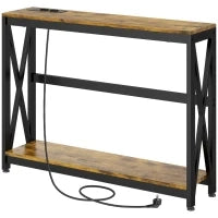 Consolle da Ingresso Stile Industriale con Prese di Corrente e USB, Legno e Acciaio, 100x24x75cm, Marrone