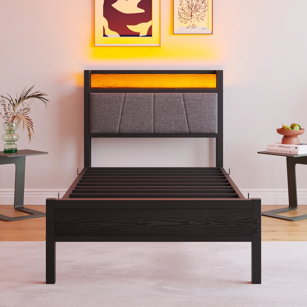 Letto singolo 90×200 cm con LED; testiera contenitore; 2 porte USB e presa; senza materasso; metallo; nero