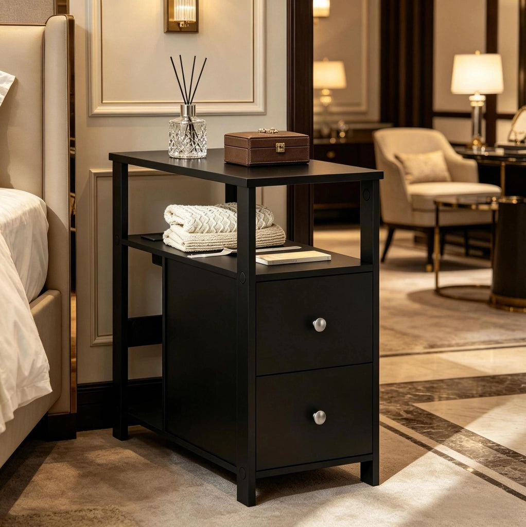 DESMIU Tavolino Laterale Moderno Nero con Prese USB e AC, 60x60x30 cm