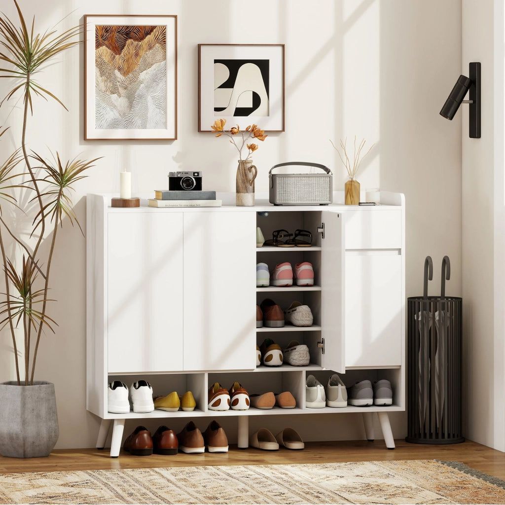 Scarpiera MDF bianca 120×35×100 cm, ante push‑open, ripiani regolabili, cassetto, kit antiribaltamento per ingresso