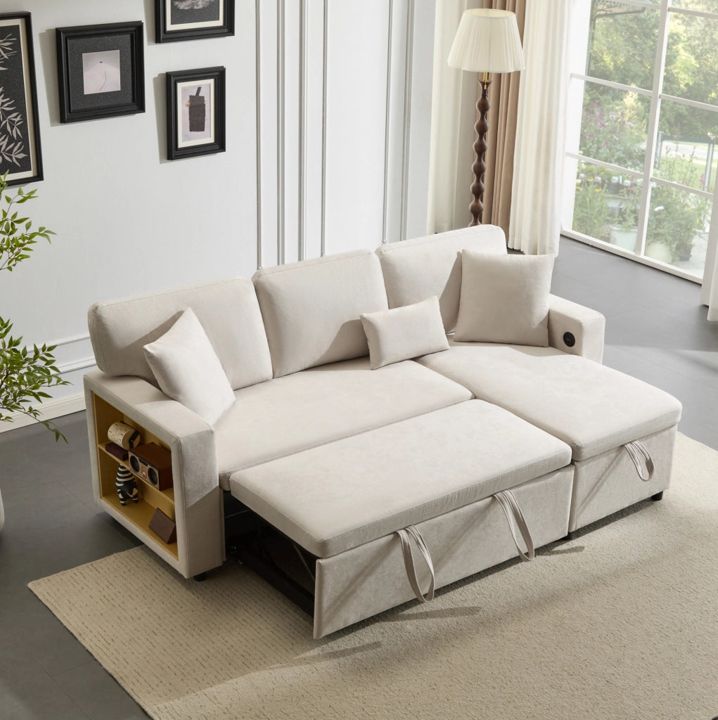 Divano letto 3 posti reversibile con USB; contenitore; 3 cuscini; MDF; beige