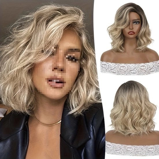 Parrucca a onde per donne | Resistenete al calore con highlights marrone scuro-oro | Ideale per feste quotidiane