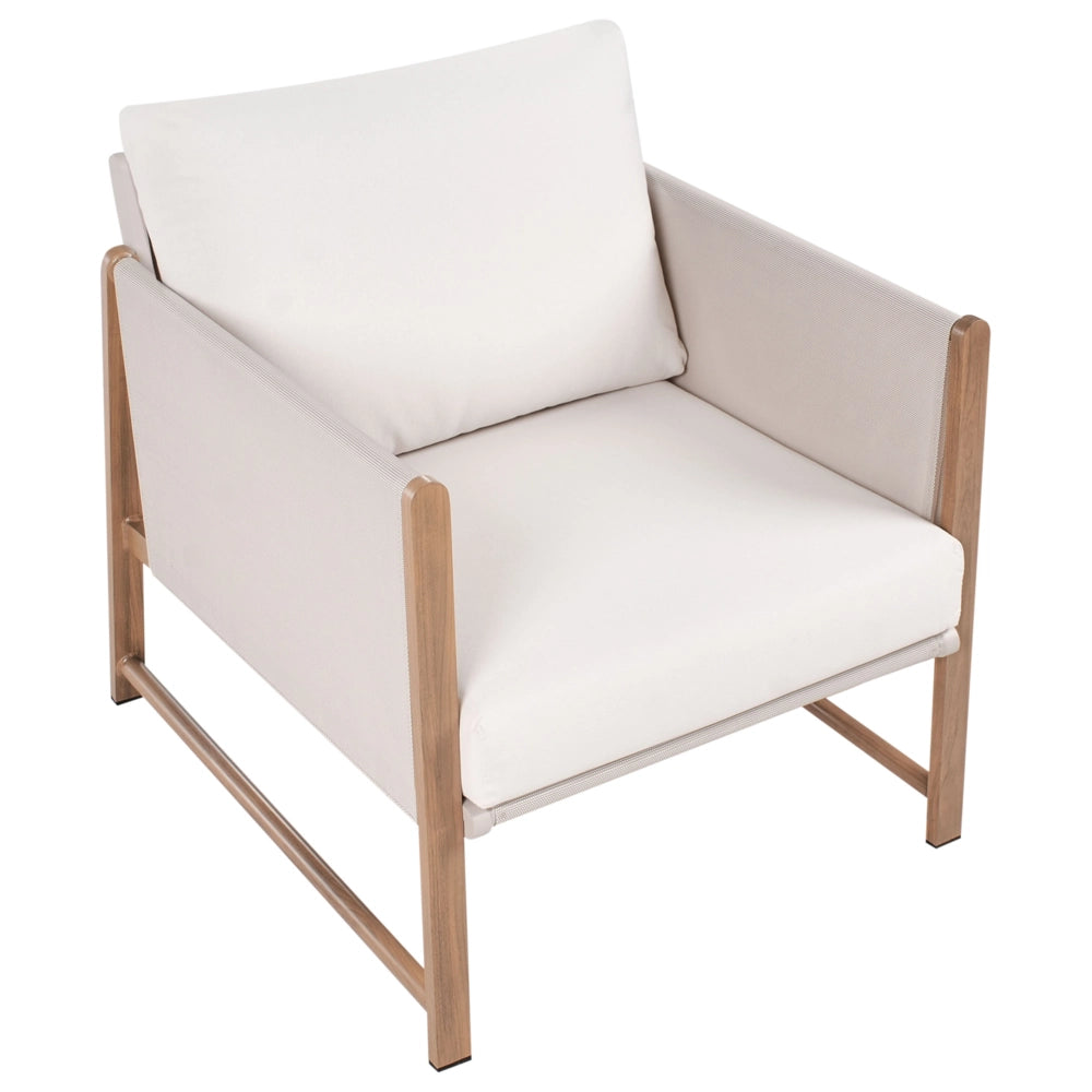 Set di divani da giardino a 5 posti Struttura in metallo beige chiaro con finitura in legno Piano in vetro Divano a 3 posti Ottomano Poltrone