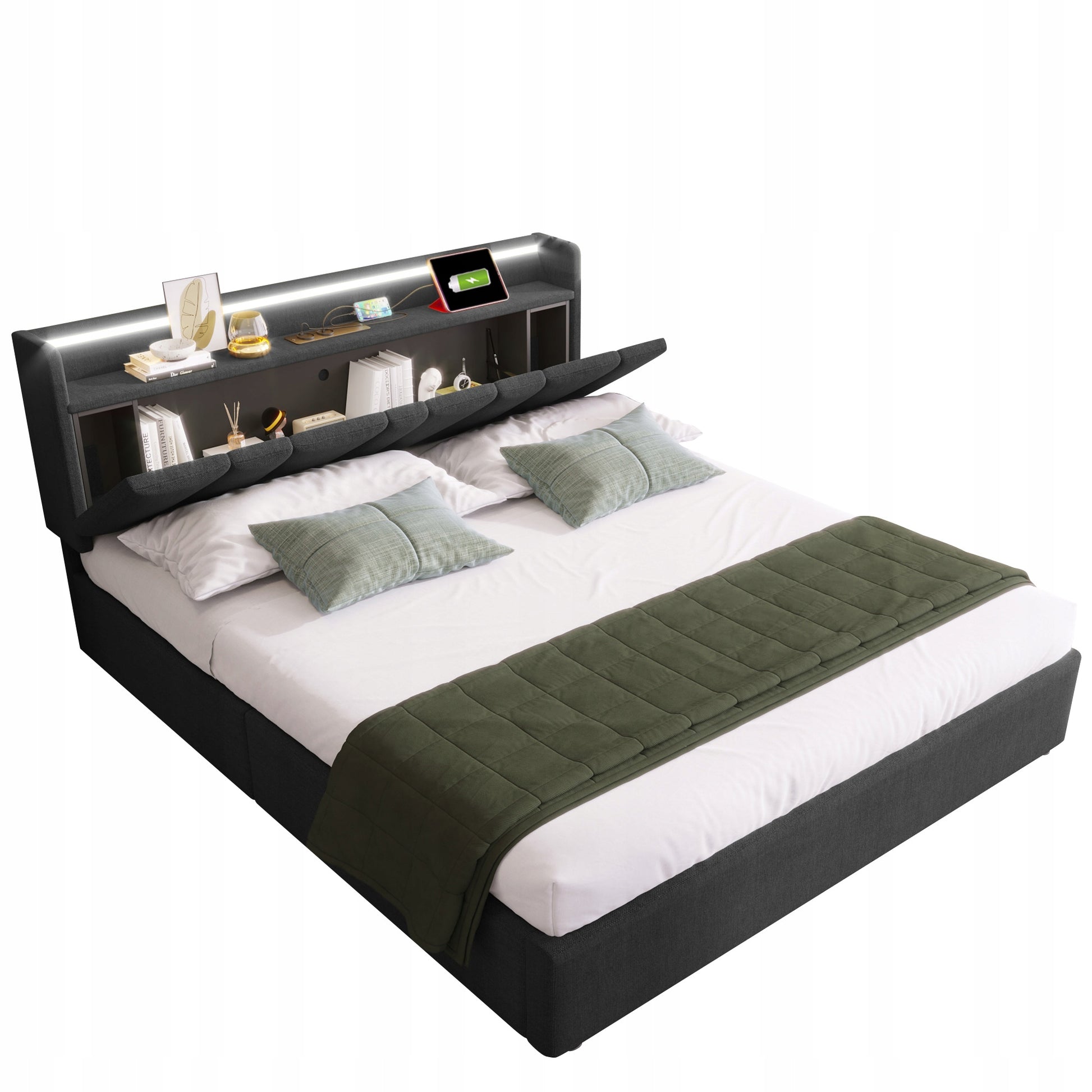 Letto imbottito 140x200 - Xylo - Grigio con LED e USB
