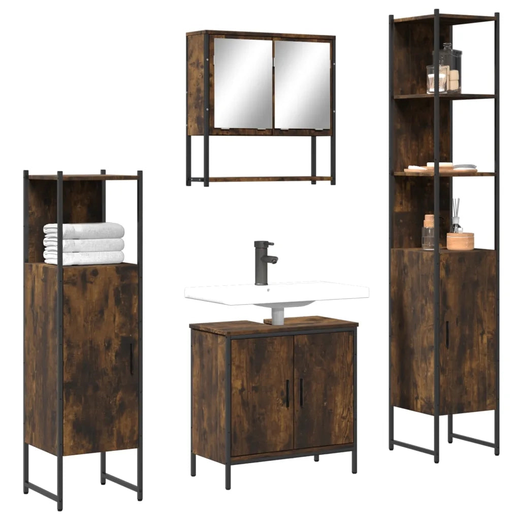 Set Mobili da Bagno | Armadio da bagno 4 pz Rovere Fumo in Legno Multistrato