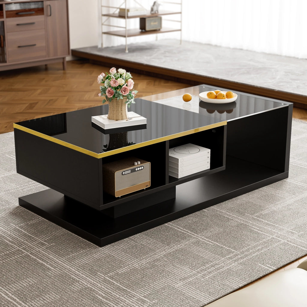 Tavolino Da Caffè 100 cm con Piano in Vetro e LED 16 Colori con App Bluetooth; Nero Lucido; in Truciolare; 100×50×32;5 cm