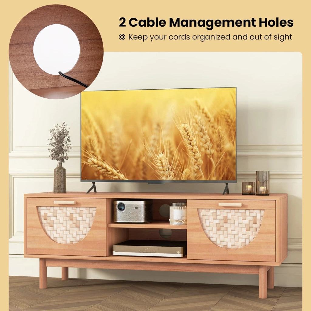 Supporto TV per TV da 55 pollici, mobile TV con 2 cassetti e frontali in bambù, con gambe in legno massello, per soggiorno, camera da letto
