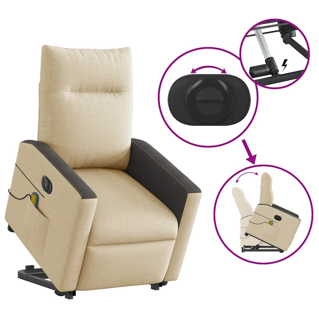 vidaXL Poltrona Alzapersona Massaggiante Elettrica Crema in Tessuto