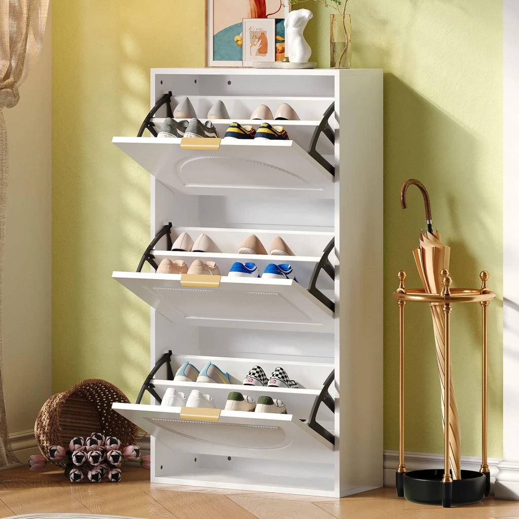 Mobile Scarpiera Stretta con 3 Ante a Ribalta; Ripiani Regolabili e Antiribaltamento; Moderna; in MDF; 60×24×114 cm; Bianco