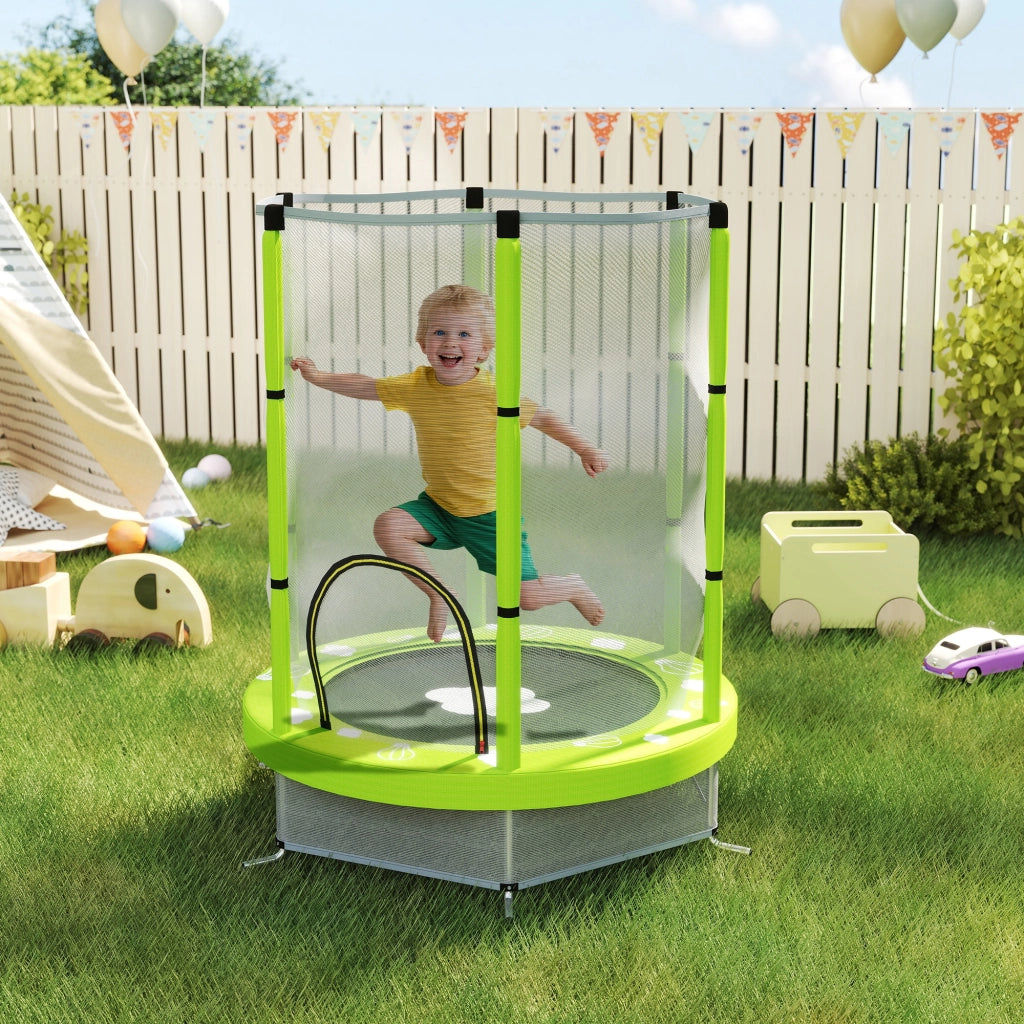 Trampolino Elastico per Bambini ?140 cm con Rete di Sicurezza e Disegni, Et¨¤ 3-6 Anni, Verde
