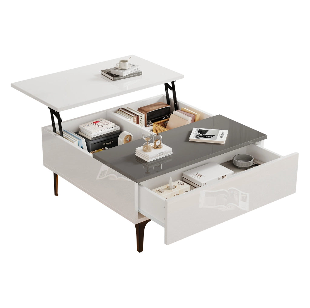 Tavolino da caffè sollevabile 70x70x35 cm con LED; ripiani interni e cassetto; bianco e grigio