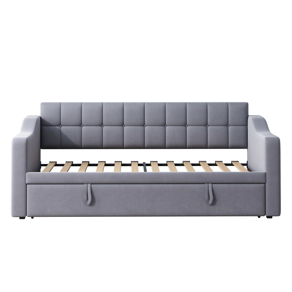 Letto imbottito 90x190 cm grigio in velluto con USB e rete estraibile
