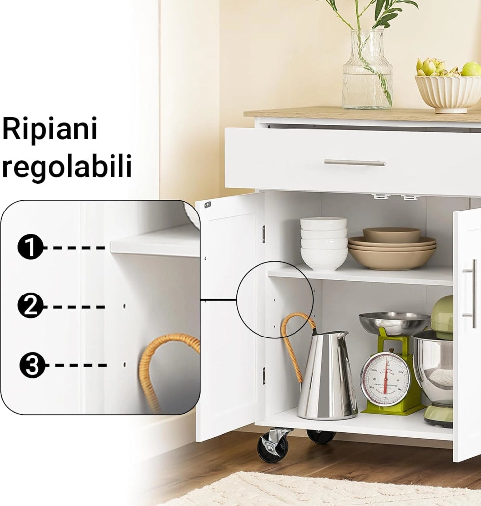Isola Cucina con Ruote – Carrello Cucina Salvaspazio con Cassetto e Ripiano Regolabile – Mobiletto Cucina con Piano di Lavoro, da Pranzo o per Penisola Cucina, Bianco 99x40x85 cm FKW133-WN